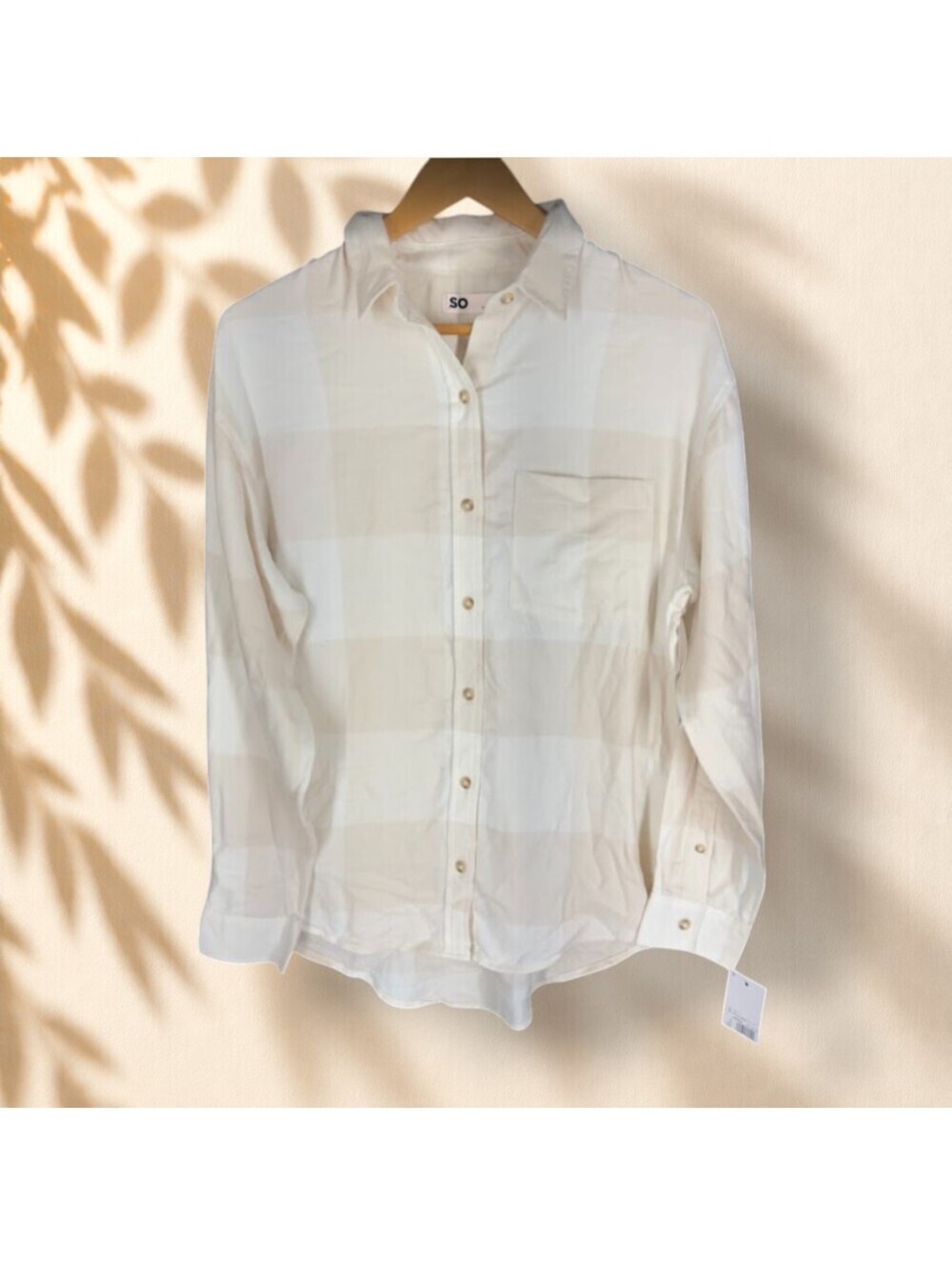 So Shirt Women S Small Beige Plaid Button Up Collared Long Sleeve Pockets Casual